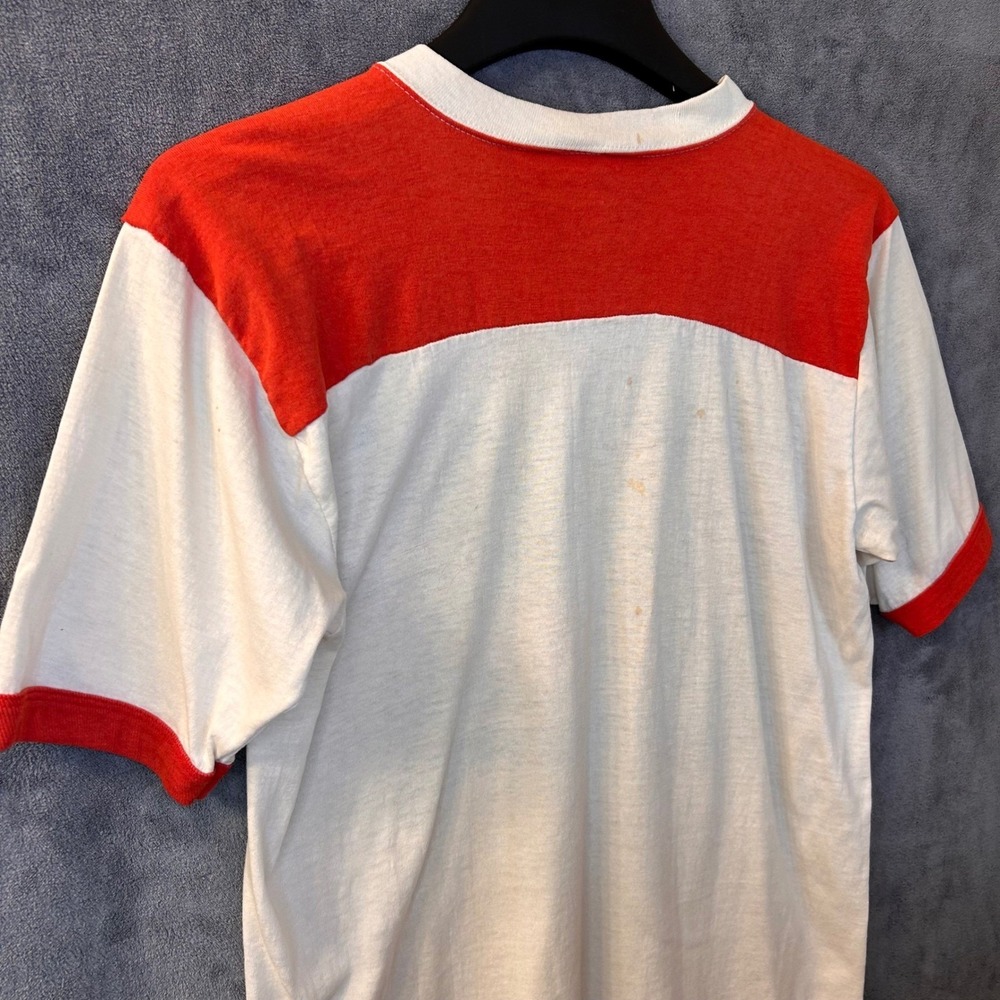 VTG 80s Lobeck's Hot Rod Parts Mens S (Lg Tag) V-Neck Football T-Shirt USA - Picture 12 of 16
